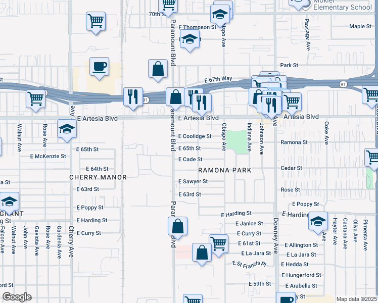 map of restaurants, bars, coffee shops, grocery stores, and more near 2912 East 65th Street in Long Beach