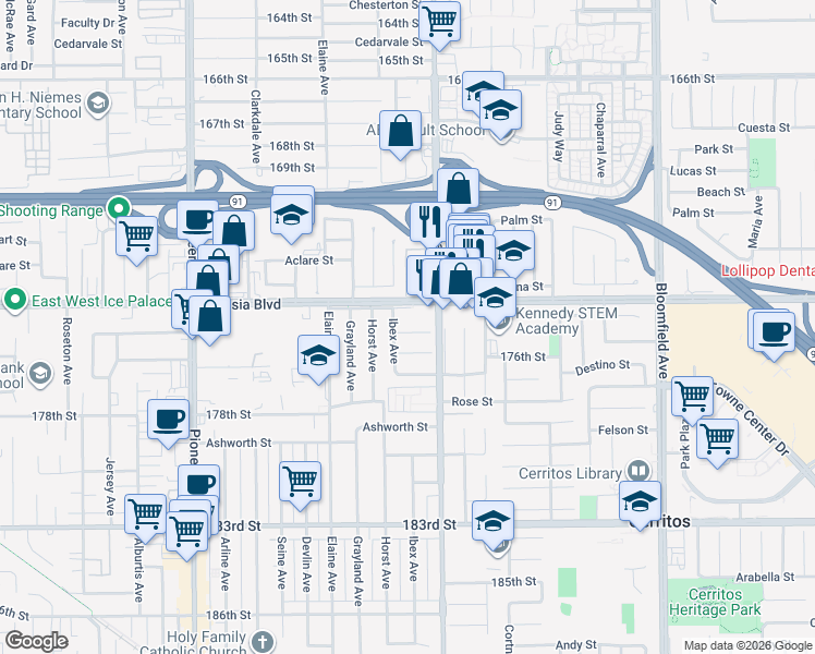map of restaurants, bars, coffee shops, grocery stores, and more near 17402 Ibex Avenue in Artesia