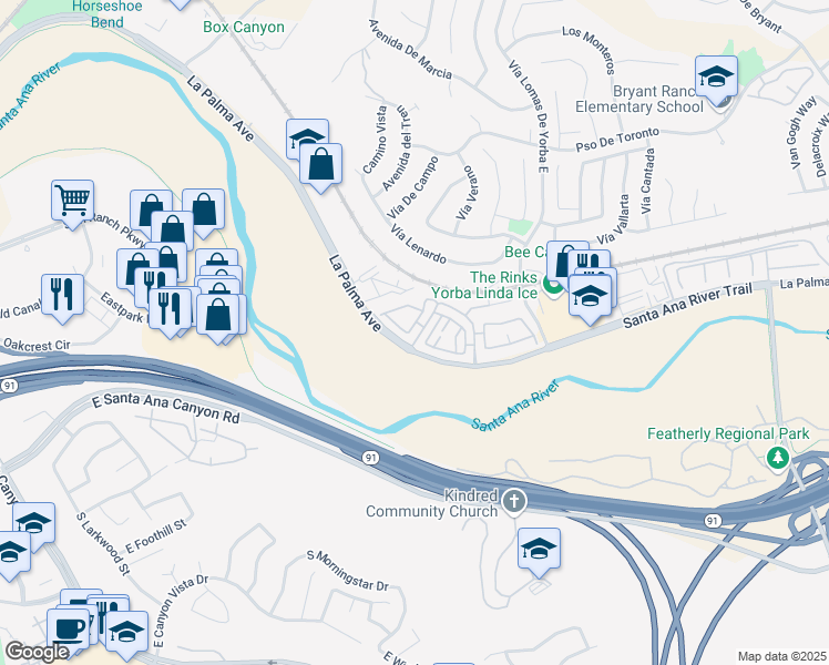 map of restaurants, bars, coffee shops, grocery stores, and more near 6200 Cape Cod Lane in Yorba Linda