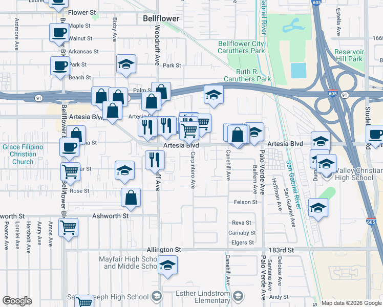 map of restaurants, bars, coffee shops, grocery stores, and more near 17625 Carpintero Avenue in Bellflower