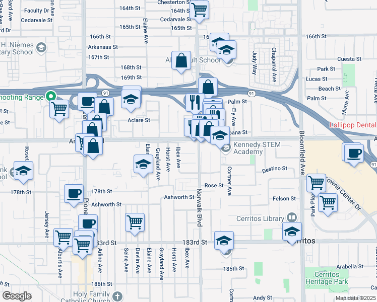 map of restaurants, bars, coffee shops, grocery stores, and more near 17402 Ibex Avenue in Artesia