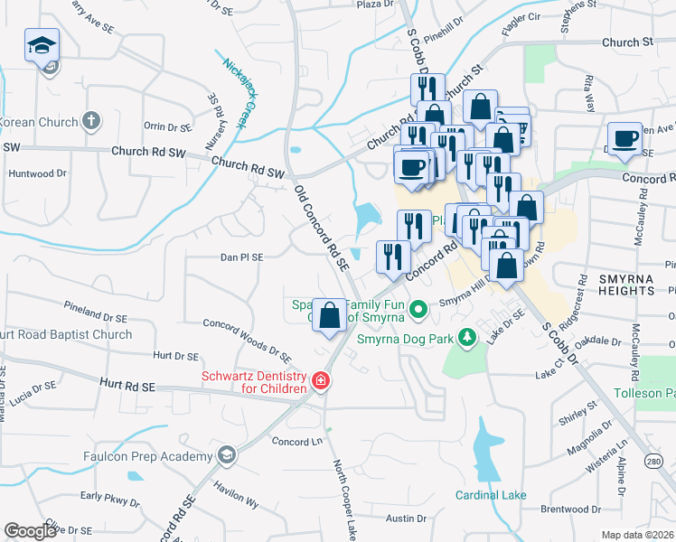 map of restaurants, bars, coffee shops, grocery stores, and more near 3328 Old Concord Road Southeast in Smyrna
