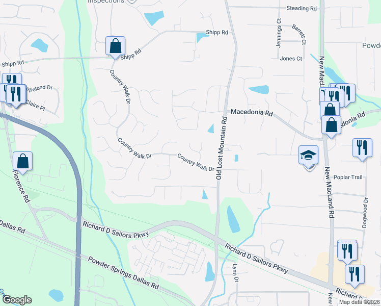 map of restaurants, bars, coffee shops, grocery stores, and more near 3372 Trailside Court in Powder Springs