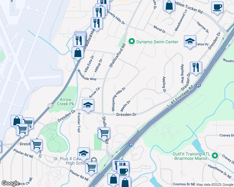 map of restaurants, bars, coffee shops, grocery stores, and more near 2877 Whispering Hills Drive in Atlanta
