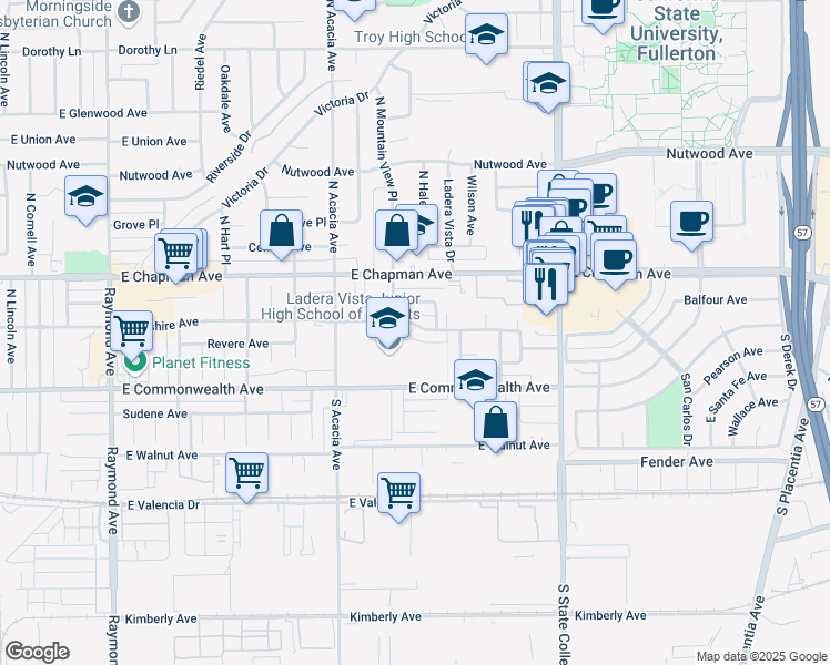 map of restaurants, bars, coffee shops, grocery stores, and more near 2024 East Wilshire Avenue in Fullerton