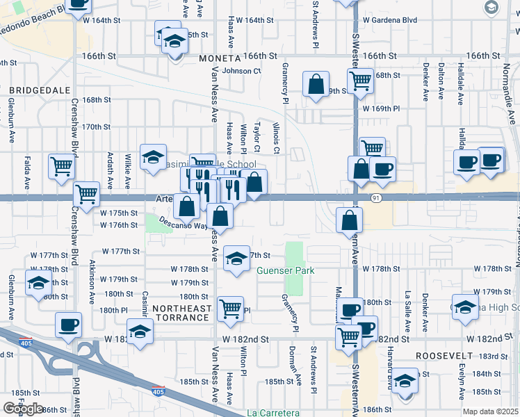 map of restaurants, bars, coffee shops, grocery stores, and more near 2059 Artesia Boulevard in Torrance
