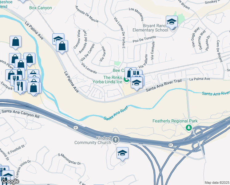 map of restaurants, bars, coffee shops, grocery stores, and more near 5856 Portsmouth Road in Yorba Linda