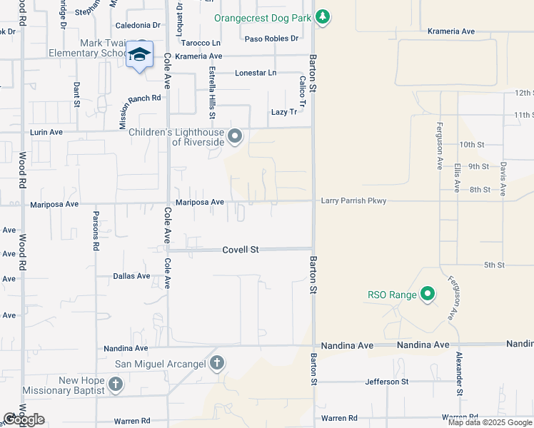 map of restaurants, bars, coffee shops, grocery stores, and more near 19855 Mariposa Avenue in Riverside