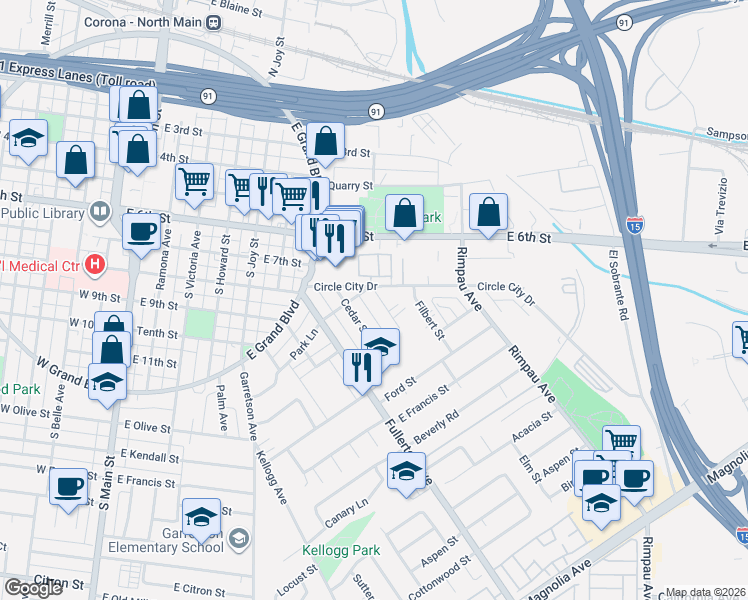 map of restaurants, bars, coffee shops, grocery stores, and more near 1010 Margarita Drive in Corona