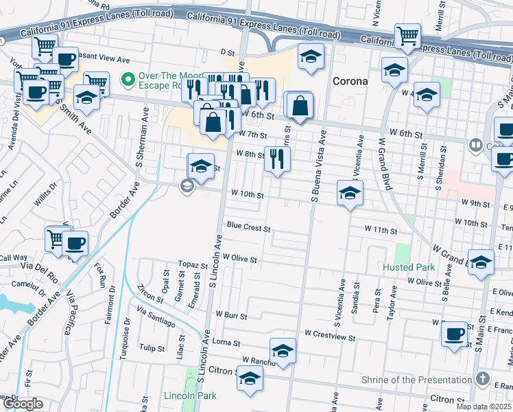 map of restaurants, bars, coffee shops, grocery stores, and more near 924 Wakefield Avenue in Corona