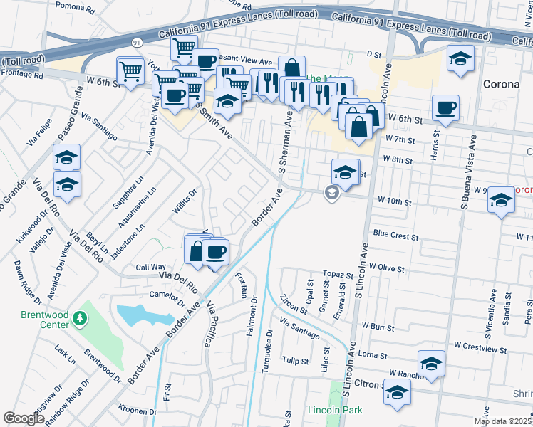 map of restaurants, bars, coffee shops, grocery stores, and more near 1051 Border Avenue in Corona