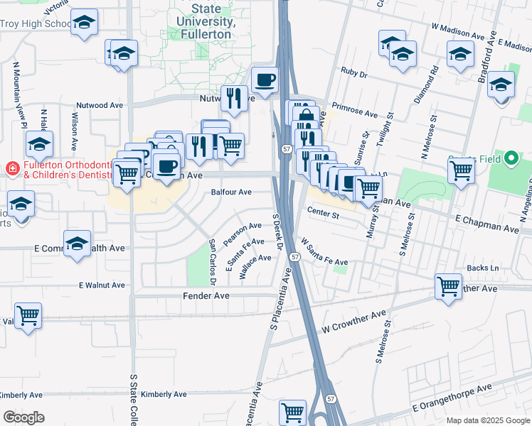 map of restaurants, bars, coffee shops, grocery stores, and more near 2638 Balfour Avenue in Fullerton