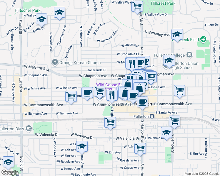 map of restaurants, bars, coffee shops, grocery stores, and more near 318 North Highland Avenue in Fullerton