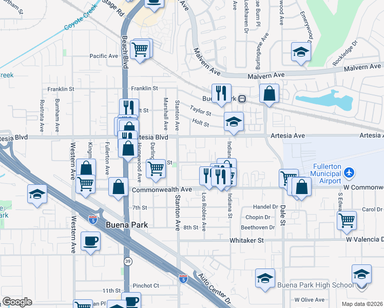 map of restaurants, bars, coffee shops, grocery stores, and more near 8051 4th Street in Buena Park