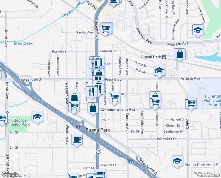 map of restaurants, bars, coffee shops, grocery stores, and more near 6021 Darlington Avenue in Buena Park