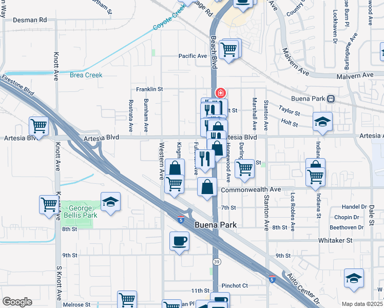 map of restaurants, bars, coffee shops, grocery stores, and more near 7614 Artesia Boulevard in Buena Park