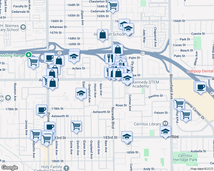 map of restaurants, bars, coffee shops, grocery stores, and more near 17402 Ibex Avenue in Artesia