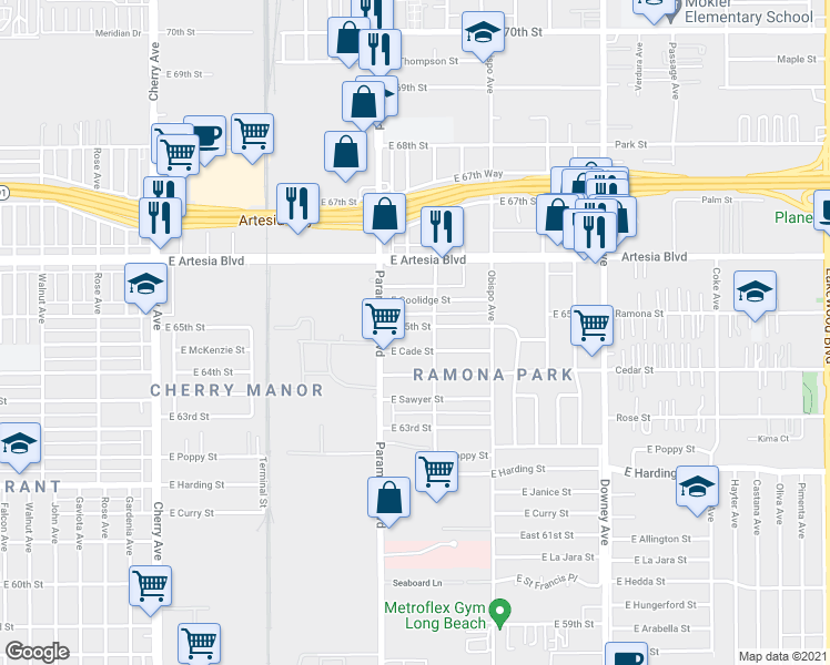 map of restaurants, bars, coffee shops, grocery stores, and more near 6517 1/2 Orizaba Avenue in Long Beach