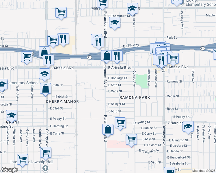 map of restaurants, bars, coffee shops, grocery stores, and more near 2822 East Coolidge Street in Long Beach