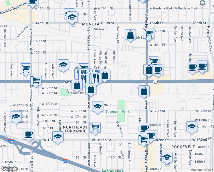 map of restaurants, bars, coffee shops, grocery stores, and more near in Torrance