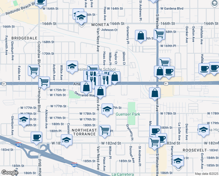map of restaurants, bars, coffee shops, grocery stores, and more near 2059 Artesia Boulevard in Torrance