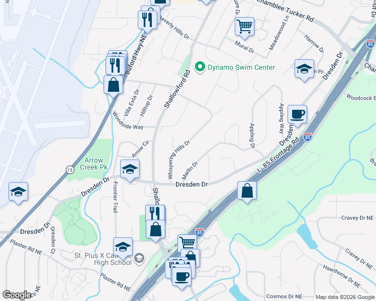 map of restaurants, bars, coffee shops, grocery stores, and more near 2898 Whispering Hills Drive in Atlanta