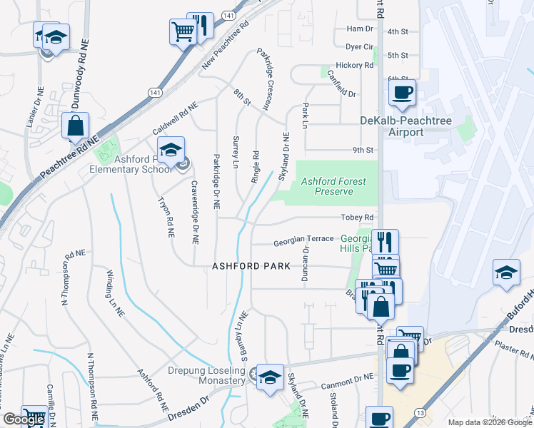 map of restaurants, bars, coffee shops, grocery stores, and more near 2936 Skyland Drive Northeast in Chamblee