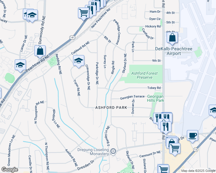 map of restaurants, bars, coffee shops, grocery stores, and more near 2906 Surrey Lane in Chamblee