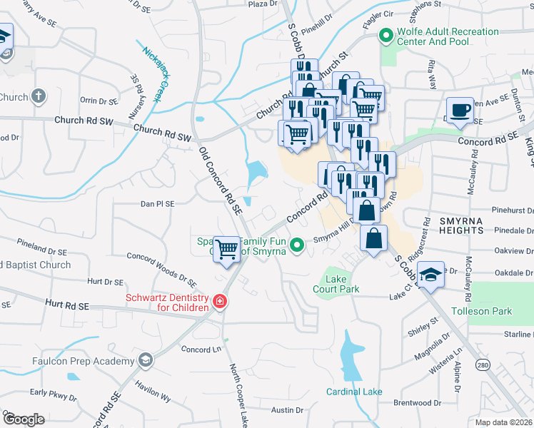 map of restaurants, bars, coffee shops, grocery stores, and more near 640 Concord Lake Circle in Smyrna
