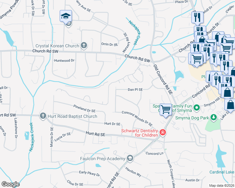 map of restaurants, bars, coffee shops, grocery stores, and more near 3318 Creek Valley Drive Southeast in Smyrna