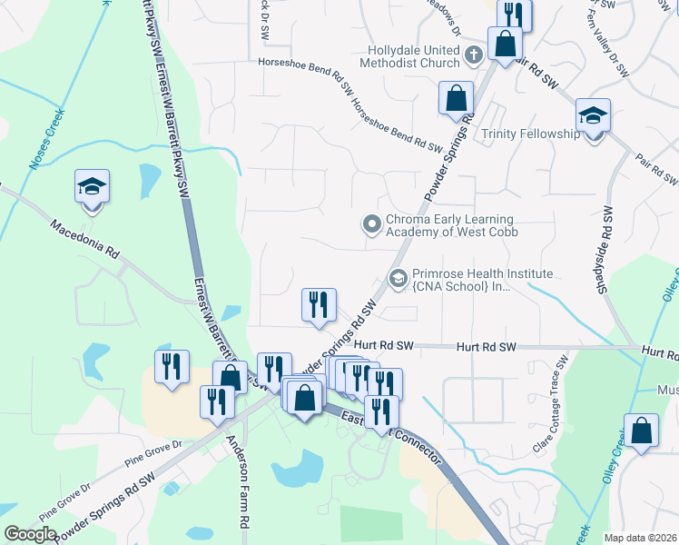 map of restaurants, bars, coffee shops, grocery stores, and more near 2540 Curtis Road Southwest in Marietta