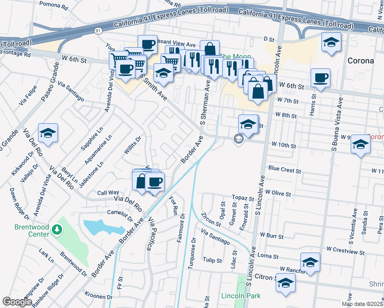 map of restaurants, bars, coffee shops, grocery stores, and more near 1079 Border Avenue in Corona