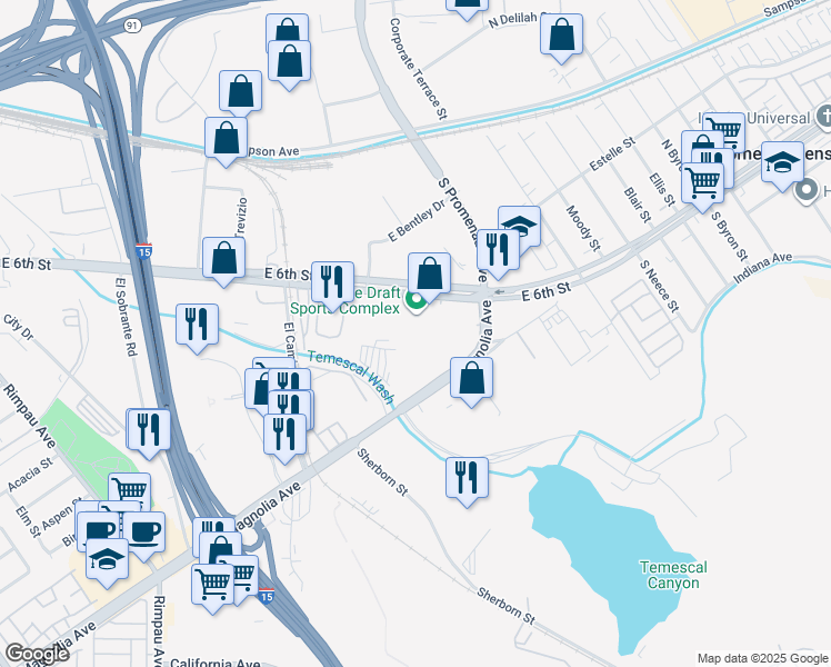 map of restaurants, bars, coffee shops, grocery stores, and more near 1560 East 6th Street in Corona