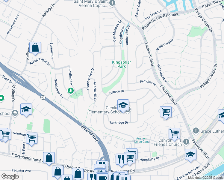 map of restaurants, bars, coffee shops, grocery stores, and more near 19751 Canyon Drive in Yorba Linda