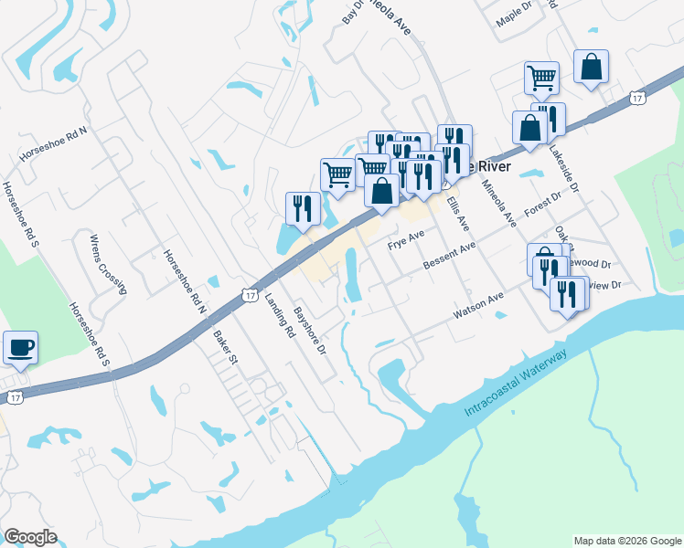 map of restaurants, bars, coffee shops, grocery stores, and more near 1380 U.S. 17 in Little River