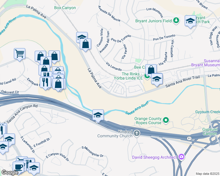 map of restaurants, bars, coffee shops, grocery stores, and more near 6200 Cape Cod Lane in Yorba Linda