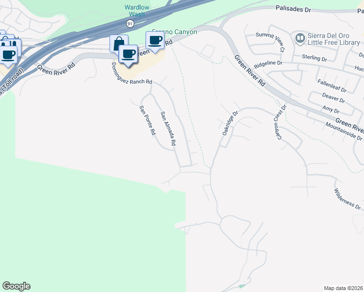 map of restaurants, bars, coffee shops, grocery stores, and more near 1581 San Almada Road in Corona