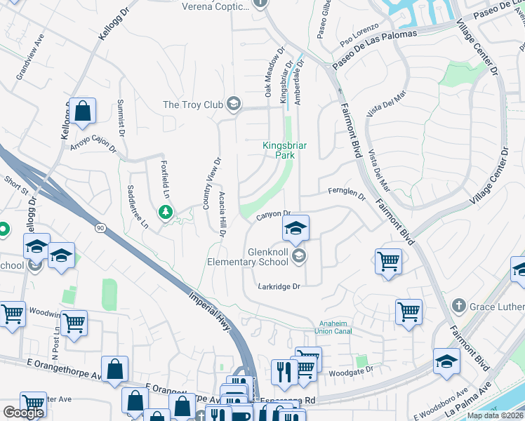 map of restaurants, bars, coffee shops, grocery stores, and more near 19751 Canyon Drive in Yorba Linda