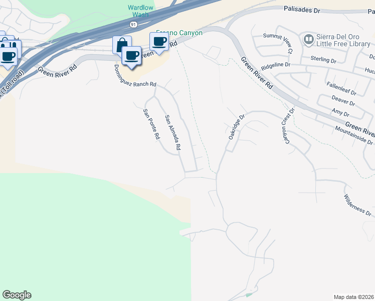 map of restaurants, bars, coffee shops, grocery stores, and more near 1598 Dominguez Ranch Road in Corona