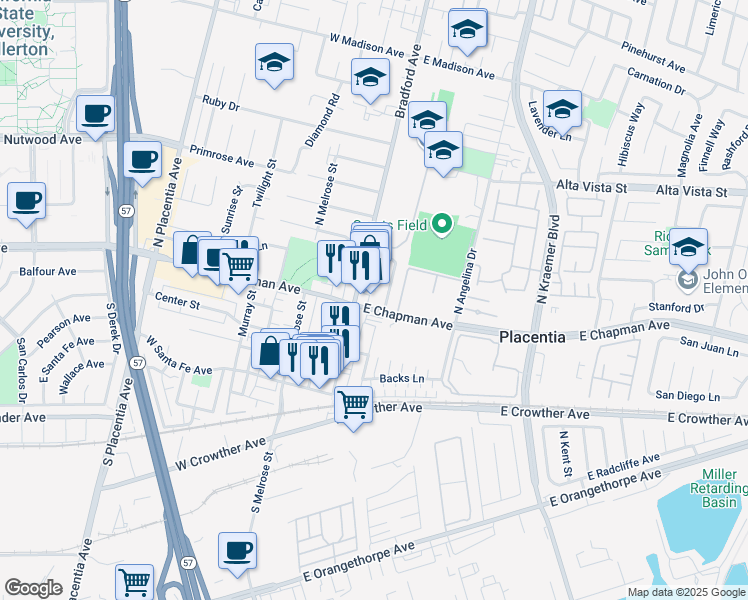 map of restaurants, bars, coffee shops, grocery stores, and more near 2 East Chapman Avenue in Fullerton