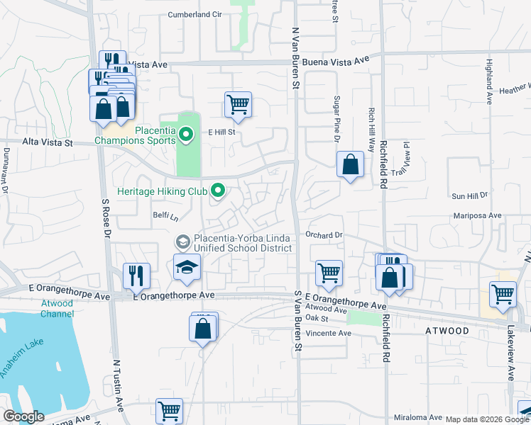 map of restaurants, bars, coffee shops, grocery stores, and more near 1513 Ismail Place in Placentia