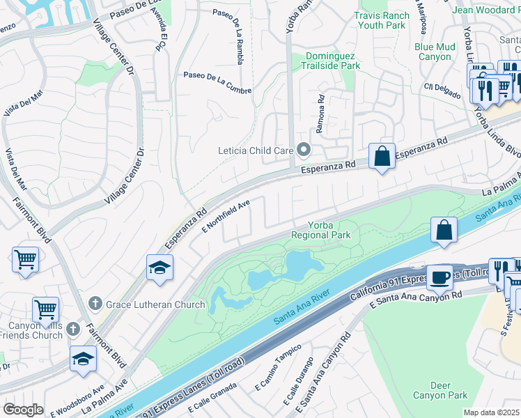 map of restaurants, bars, coffee shops, grocery stores, and more near 1265 North Andrea Lane in Anaheim