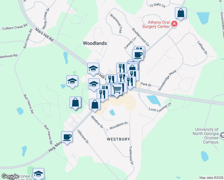 map of restaurants, bars, coffee shops, grocery stores, and more near 2131 Hog Mountain Road in Watkinsville