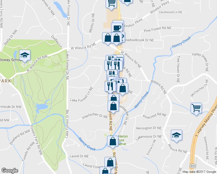 map of restaurants, bars, coffee shops, grocery stores, and more near 4300 Roswell Road Northeast in Atlanta