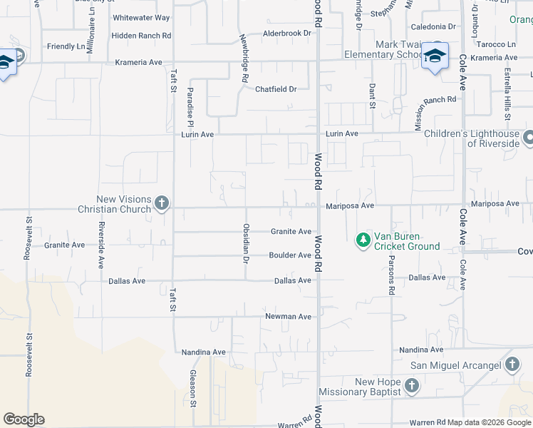 map of restaurants, bars, coffee shops, grocery stores, and more near 18820 Mariposa Avenue in Riverside