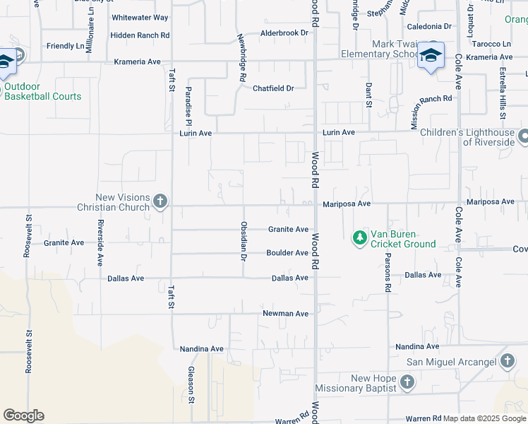 map of restaurants, bars, coffee shops, grocery stores, and more near 18825 Mariposa Avenue in Riverside