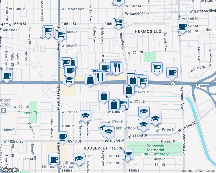 map of restaurants, bars, coffee shops, grocery stores, and more near 1504 West Artesia Square in Gardena