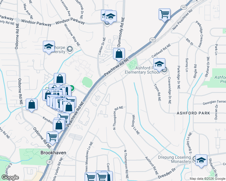 map of restaurants, bars, coffee shops, grocery stores, and more near 2941 Caldwell Road Northeast in Brookhaven