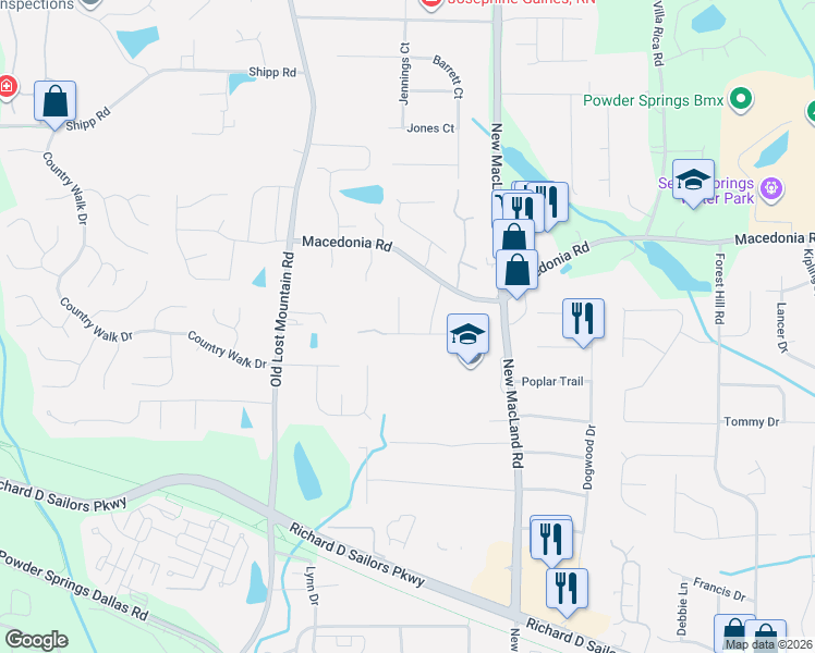 map of restaurants, bars, coffee shops, grocery stores, and more near 3320 Springville Road in Powder Springs
