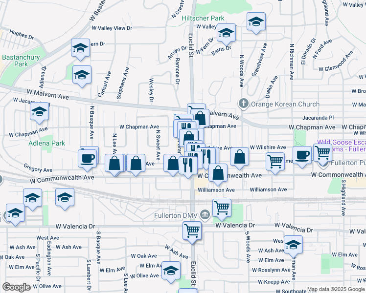 map of restaurants, bars, coffee shops, grocery stores, and more near 233 North Euclid Street in Fullerton